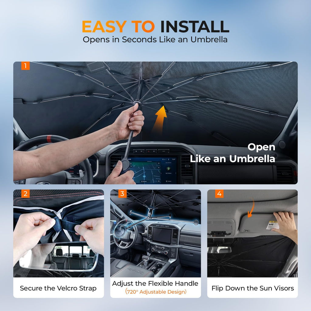 [2026 Upgraded] DooGooCoo Windshield Sun Shade Umbrella for Ford F150 F250 F350 F450 [100% Sunlight Blocked, Cooling Ice Crystal] Sunshade for Car Windshield for f150 Sun Shade 2015-2026.