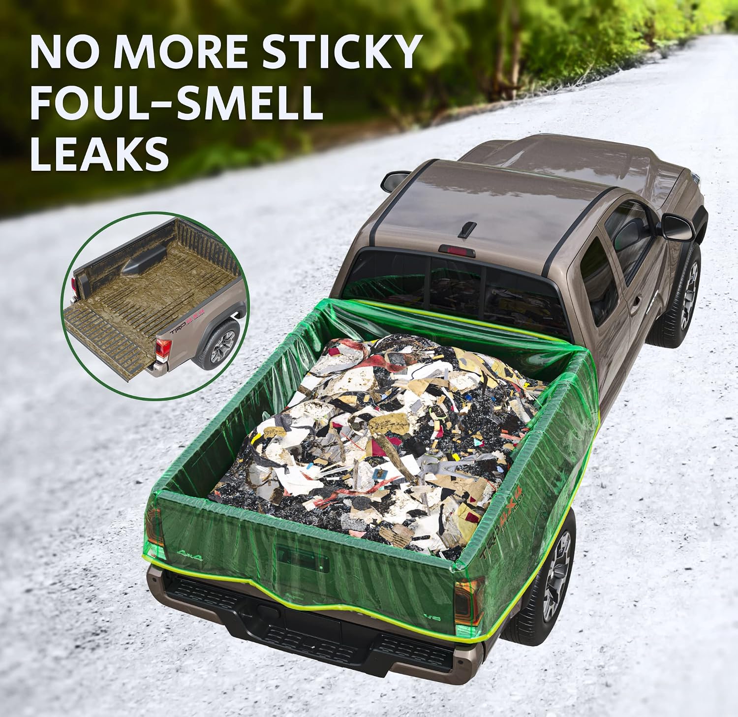 TidyFriend Truck Bed Bag 101" x 75" x 50", Heavy Duty Waterproof Truck Bed Storage Liner with Drawstring – Reusable Dumpster Bag for Waste Management, Hauling, and Moving (Green)