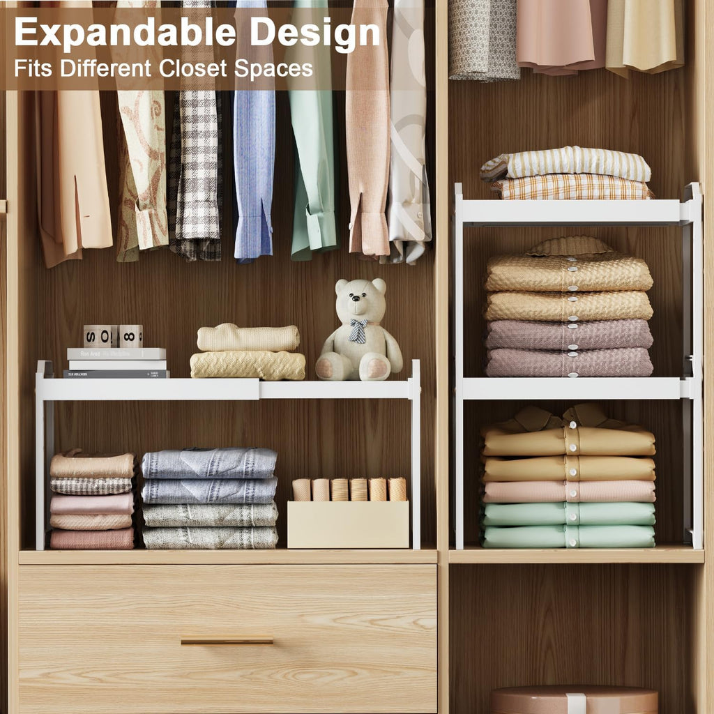 cottage charm expandable stackable closet shelf organizer, adjustable showing dimensions