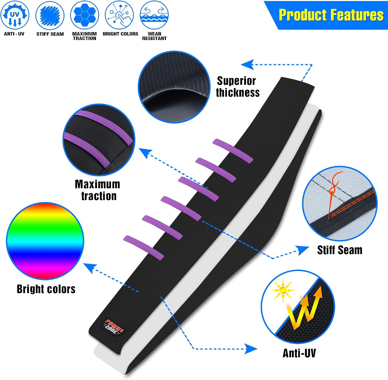 Motorcycle Universal Seat Cover Non-Slip Rubber Striped Gripper Soft Sewing for CRF WR WRF RMZ YZF SXF EXC EXC XC SX CR KLX Dirt Pit Bike Motocross Off Road Motorbike (Purple)