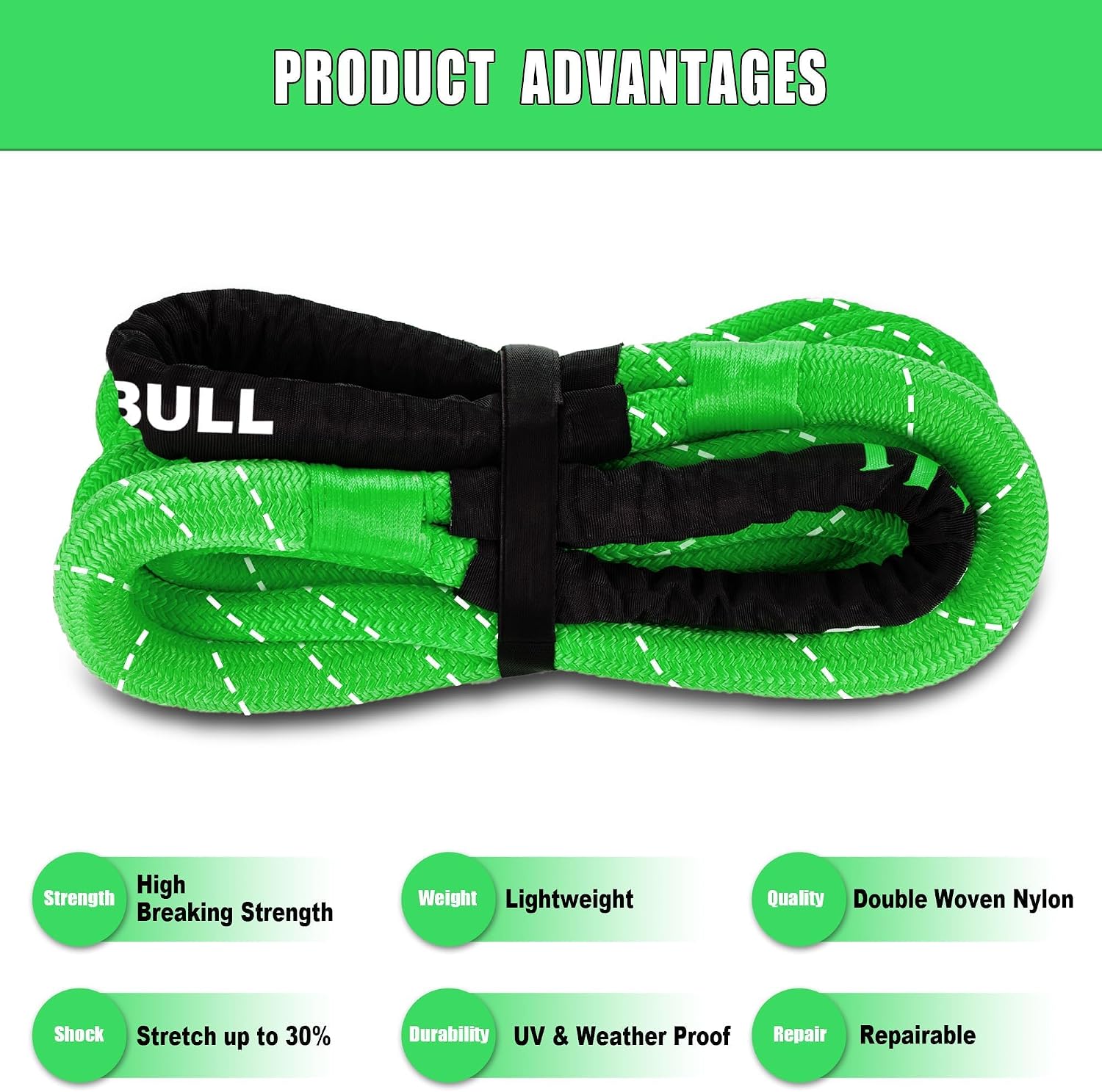 Kinetic Recovery Rope,(1.26in x 30ft Green) 56,000LBS Snatch Strap, Heavy Duty Stretch Nylon Towing Ropes with 2pcs Soft Shackles for Offroad Vehicle, Jeep, SUV, ATV, Tractor Elastic Ropes Kit