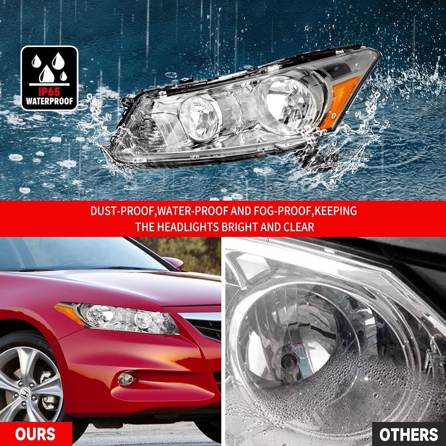 AS Headlight Assembly for 2008 2009 2010 2011 2012 Accord 4dr Sedan Headlamps with Black Housing Clear Reflector Clear Lens Driver and Passenger Side