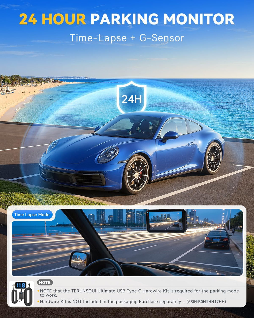 4k+4k dash cam, free 128gb card, 5.8ghz wifi6 showing dimensions