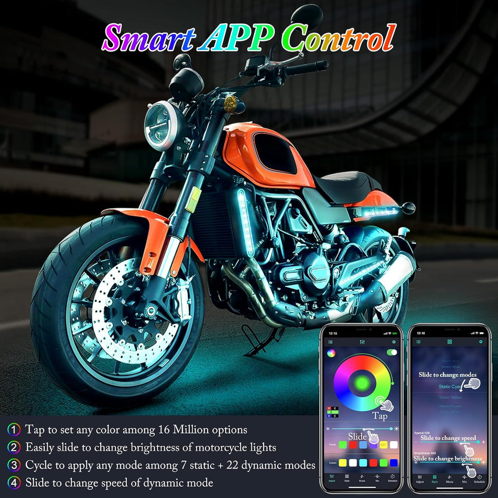 8PCS Motorcycle LED Underglow Kit, 4 Key Remote Control App Control with Two Extension Cords, Music Sync Waterproof RGB LED Motorcycle Light Kit for UTV ATV Golf Cart