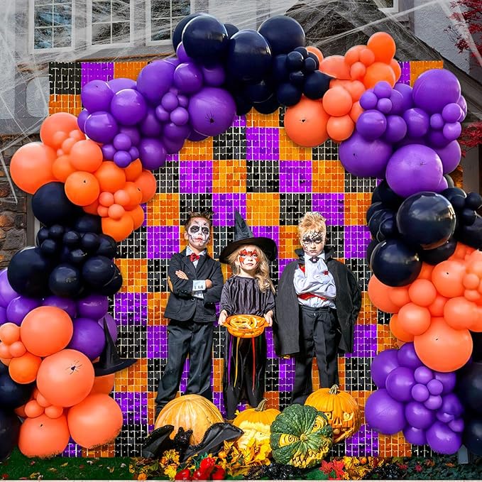 24PCS Black Orange Purple Shimmer Wall Backdrop, Halloween Square Sequin Phot...