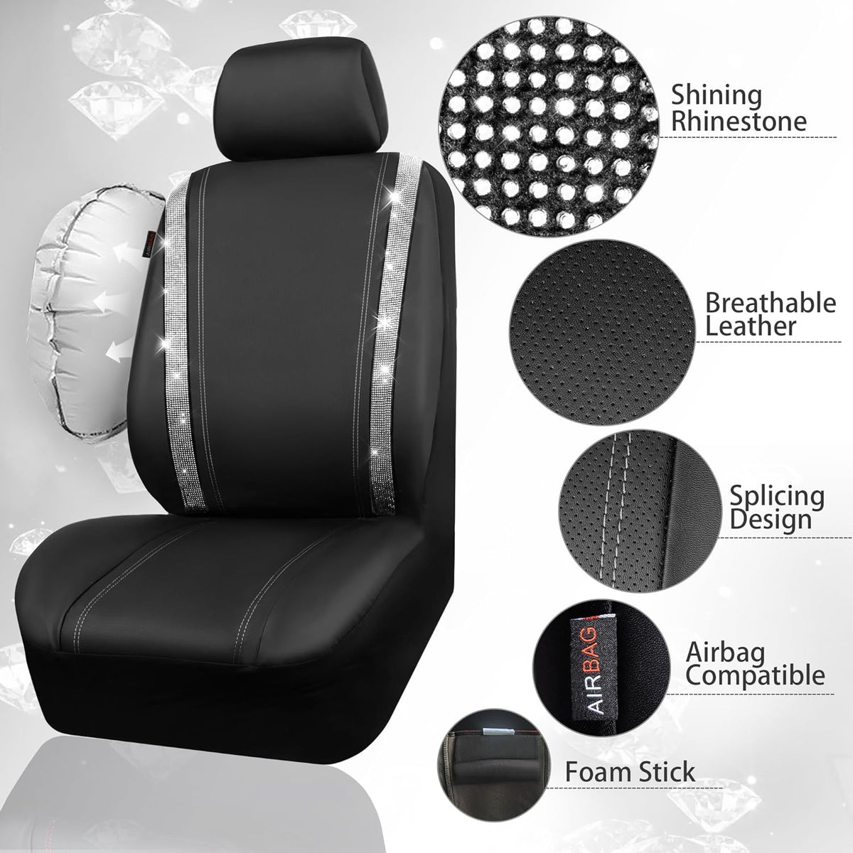 car pass leather bling diamond car seat cover, close-up detail