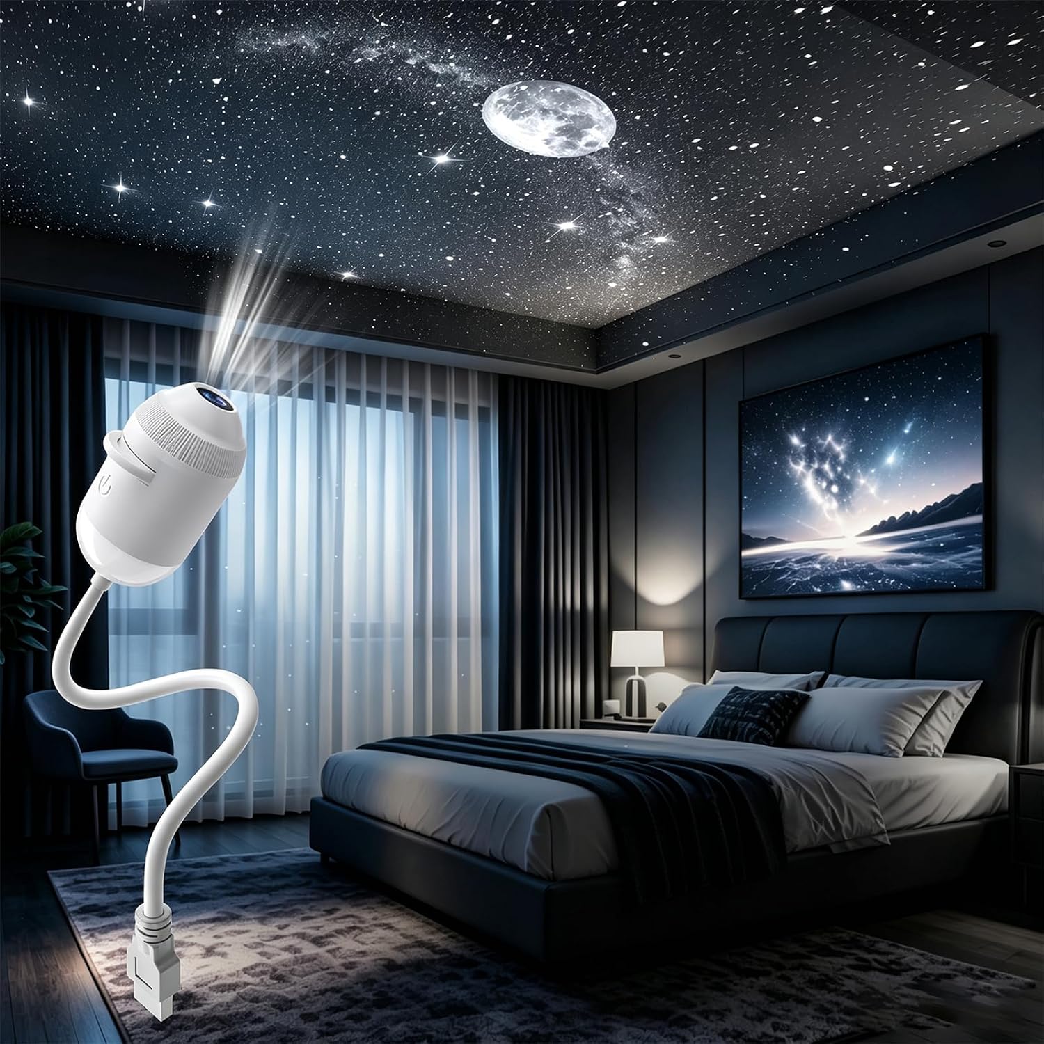 Galaxy Projector Car Roof Star Light, USB Ambient Night Lamp(6 Star Panels) | 360 rotating head with touch control and dimmable star modes, plugs into any USB car charger, fits bedroom and camping too