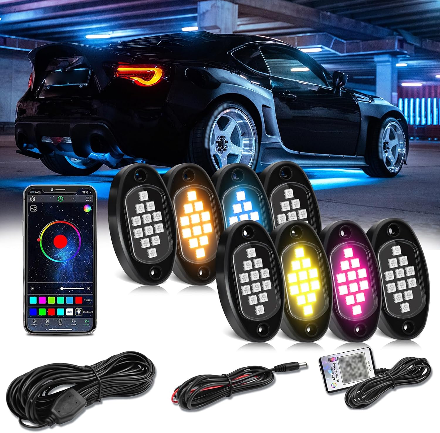 RGB Car Lights APP Controlled LED Underbody Light Kit with 12 Premium 5050 LED Chips 16 Million Colors Music Sync for Cars Trucks SUVs ATVs Boats