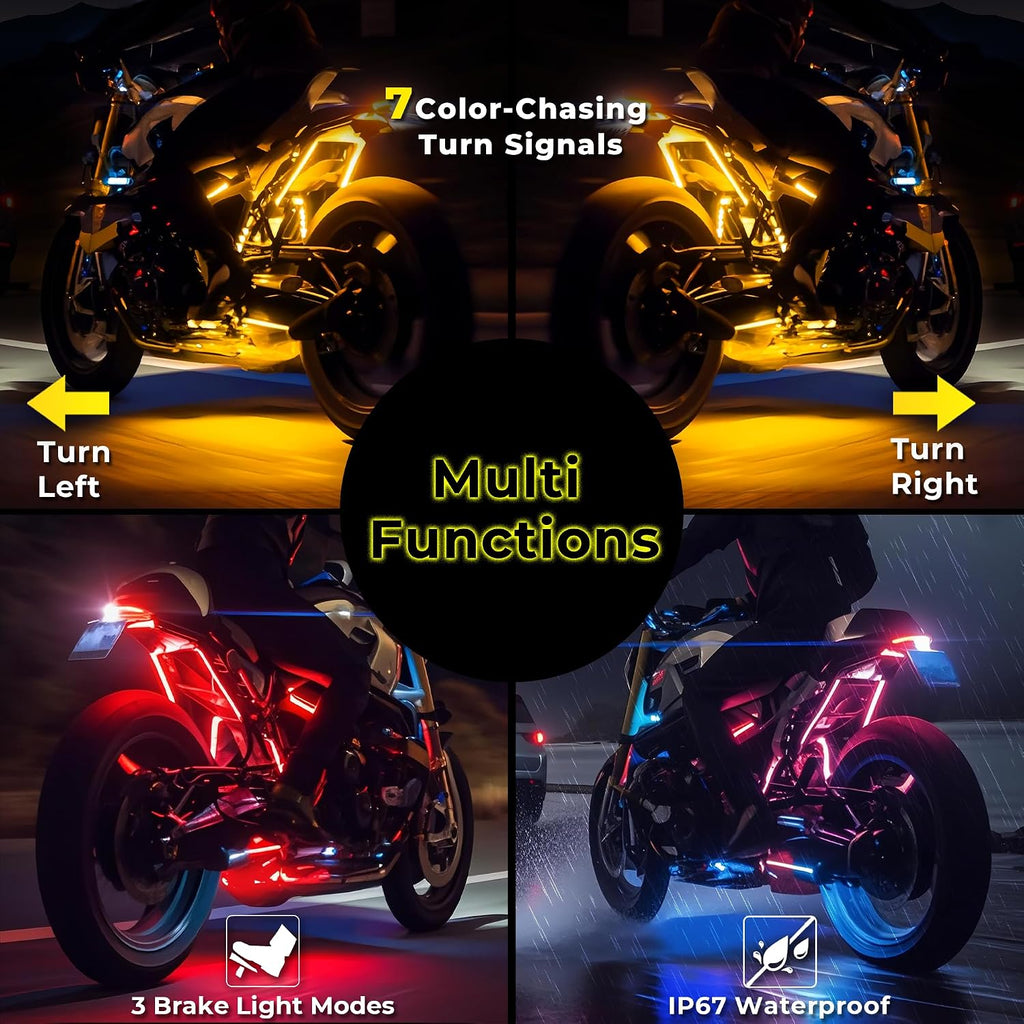 8PCS Motorcycle Led Lights with Brake Turn Signal,Underglow Light Kits with DITRIO APP/RF Remote Control, Dual Zone,Waterproof,12V Pixelglow Led RGB Lights for Motorcycles, Golf Carts, ATVs, UTVs
