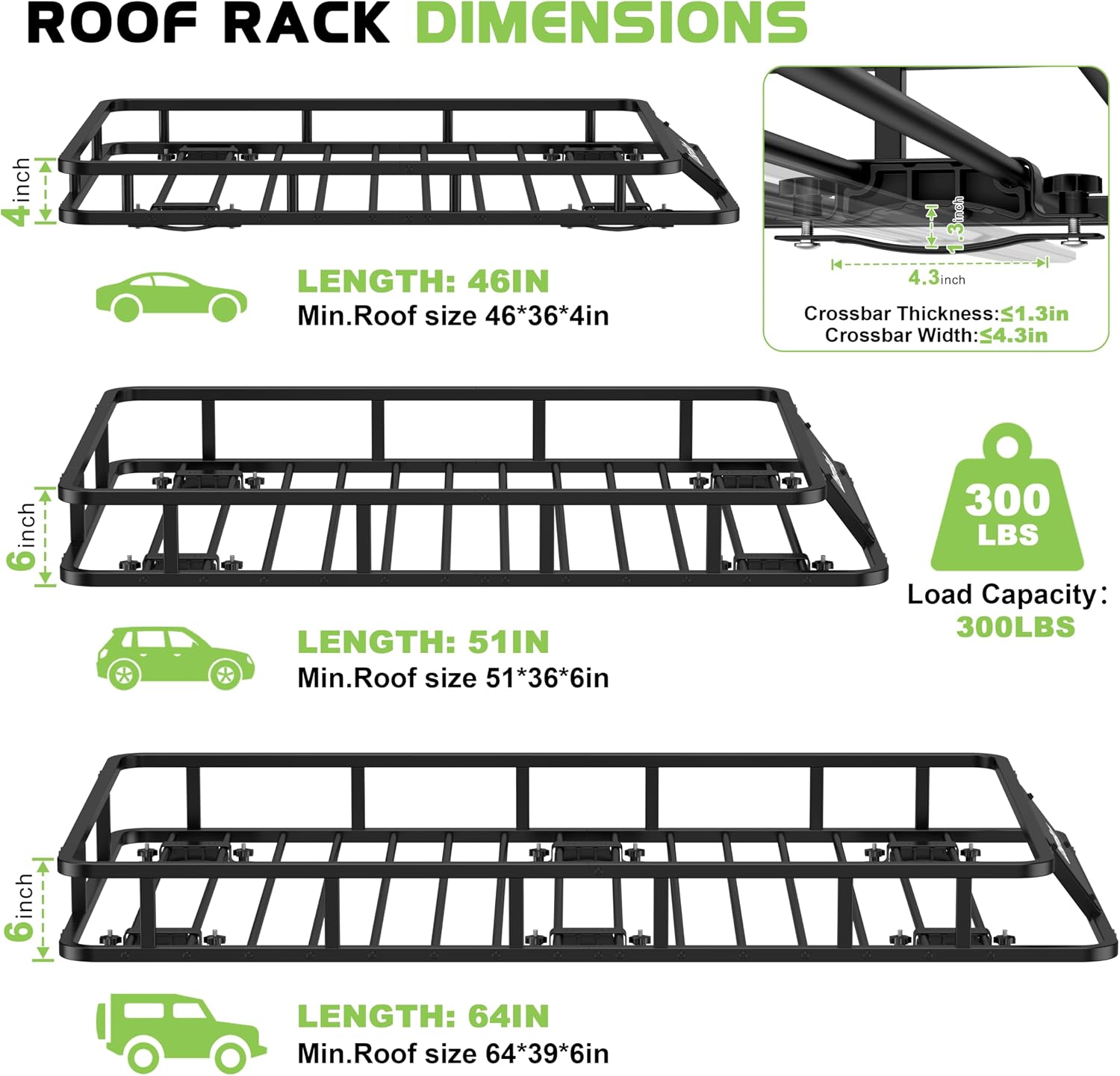 Roof Rack Basket with Net 46" x 36" Heavy Duty Rooftop Cargo Carrier 300 lbs Capacity Steel Roof Basket Vehicle Cargo Baskets Luggage Holder Rack for SUV Truck Car Travel Camping Storage