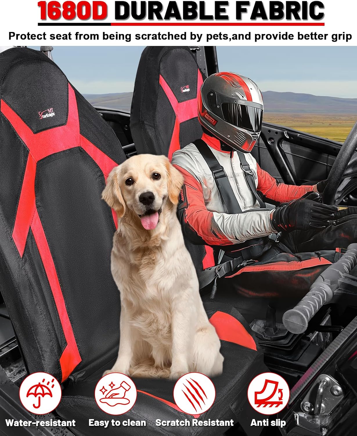 StarknightMT RZR Seat Cover with Pocket Water-Resistant Compatible with Polaris RZR (2014-2023 XP 1000/4, 2018-2022 RS1, 2017-2021 RZRXP Turbo/4), 1680D Cushion Protection, 2-4 Seater, Black & Red