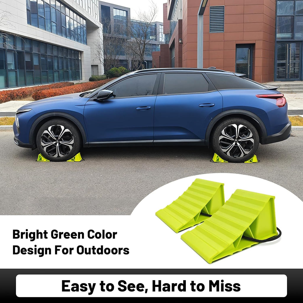 HOXWELL 2 Pair Wheel Chocks for Travel Trailers, Non Slip Heavy Duty Green Wheel Chock with Rope, Lightweight Wheel Stoppers for Cars Campers Trucks RVs, Easy to Carry & Suitable for Most Tyre Sizes