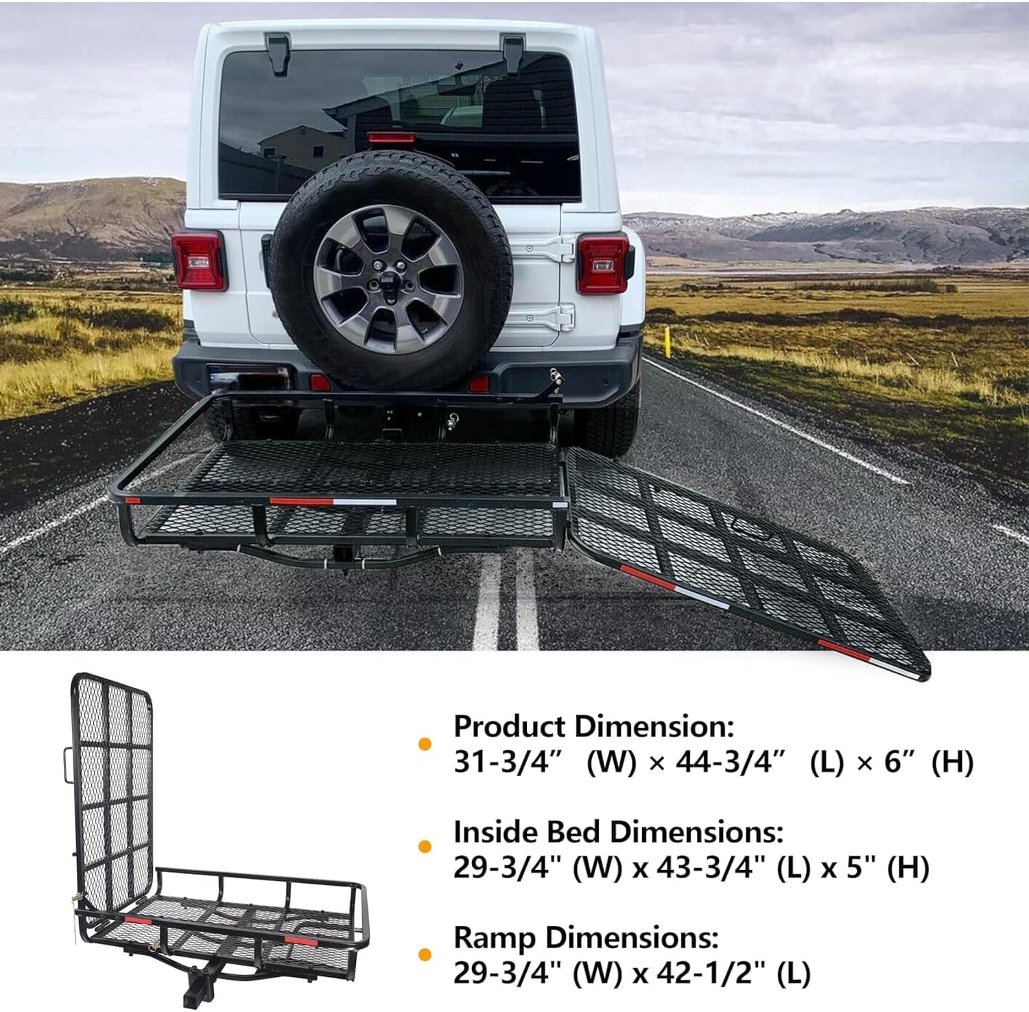 ECOTRIC Hitch Mount Wheelchair Carrier with Mobility Ramp for Wheelchair | Scooter Lawn Mower Snow Blower Hauler 500lb Capacity Basket-Style, 73lbs Weight