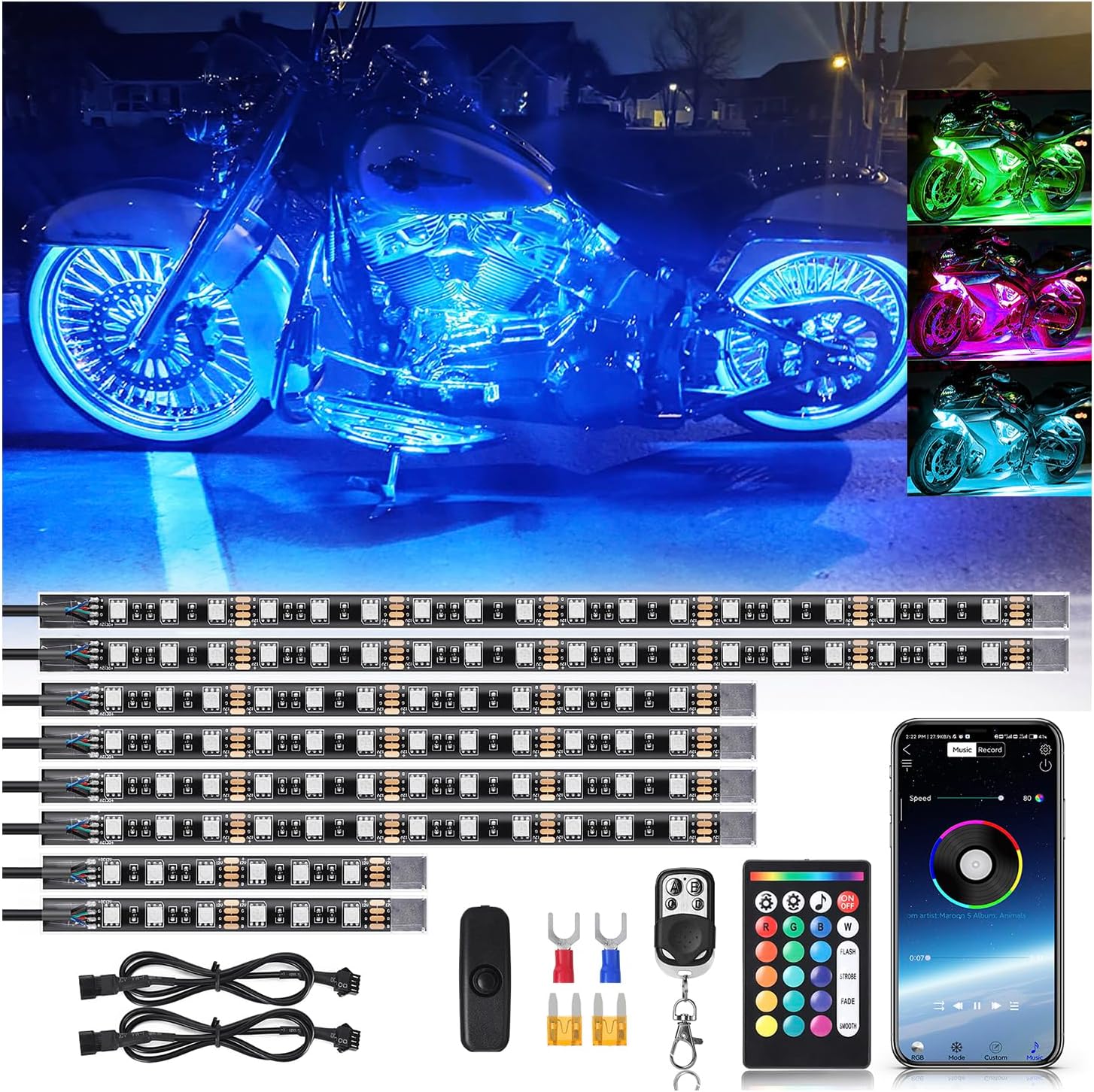 8PCS Motorcycle RGB LED Light Kits with Brake Turn Signal, Underglow Lights with APP/Dual Remote, Multicolor 12v Waterproof Underbody Neon Strips Lights for Harley Honda Kawasaki Yamaha Suzuki