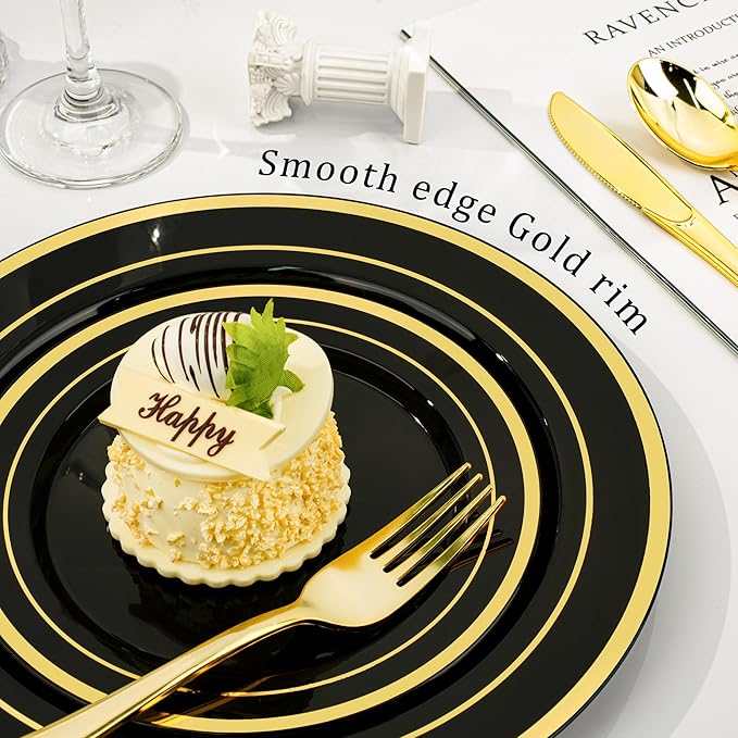 BESTVIP 600PCS Black Gold Dinnerware Set for 100 Guests, Plastic Plates for H...