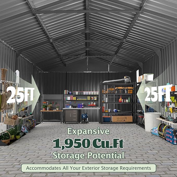 Domi 12'x25' Outdoor Metal Garage Shed, Weatherproof Enclosed Carport - Image 7