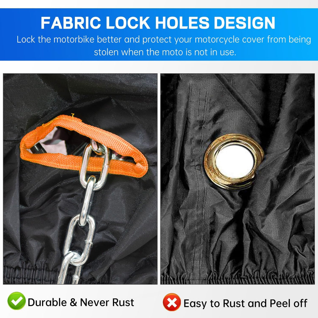 Motorcycle Cover Waterproof Outdoor Storage with Lock-Holes, Zipper Storage Bag & Night Reflective Design, All Season Protection Powersports Vehicle Covers Fits up to 96.5" Motorcycles
