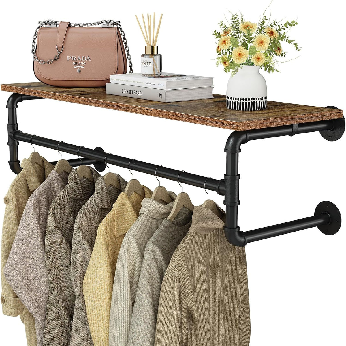 clothes rack wall mounted, 43.3in shelf with hanging shown in use