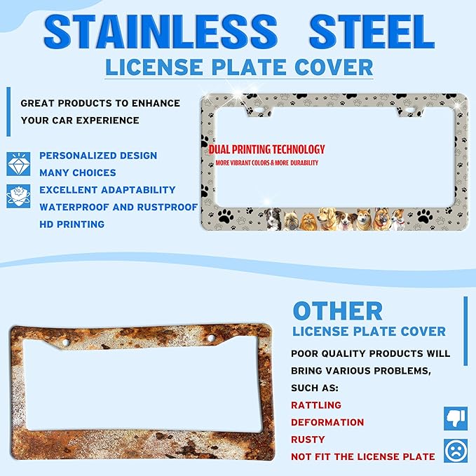 Dog License Plate Frame Pet Paw Prints Stainless Steel License Plate Holder - Image 2