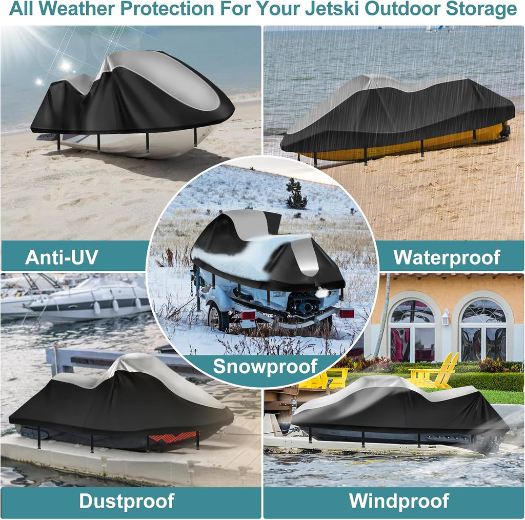 Jet Ski Cover 420D Waterproof for Yamaha Seadoo, 121"-135" PWC Cover | Oxford Fabric 2 3 Seater jetski cover, 10000mm, UV SPF＞85+, 2 Air Vents,4 Windproof Buckles, for Outdoor Storage & Trailering