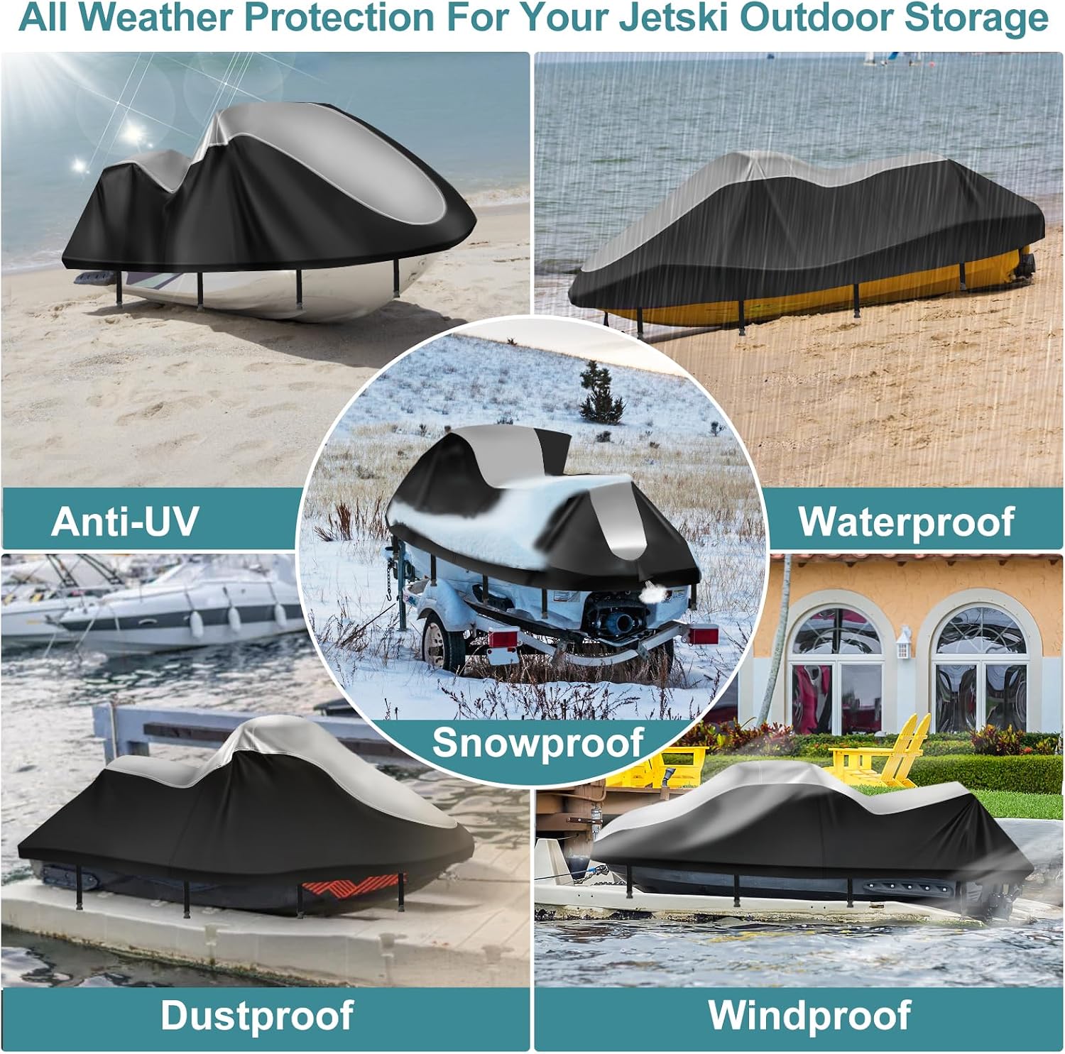Jet Ski Cover 420D Waterproof for Yamaha Seadoo, 121"-135" PWC Cover | Oxford Fabric 2 3 Seater jetski cover, 10000mm, UV SPF＞85+, 2 Air Vents,4 Windproof Buckles, for Outdoor Storage & Trailering