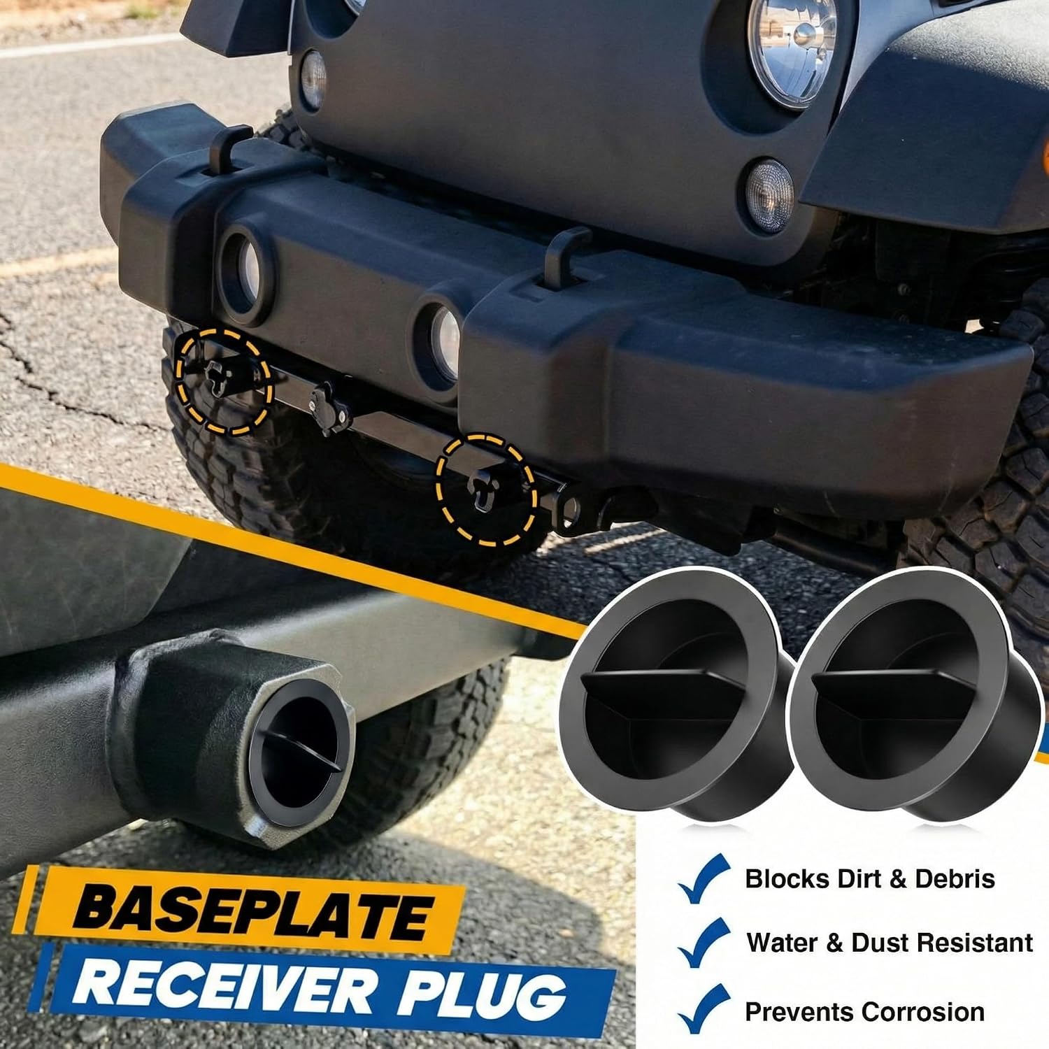 Baseplate Attachment Tab Receiver Cap Plug Replacement, Compatible with Blue Ox Removable Tab Baseplates, Black Plastic Protective Dust Cover for Tow Bar Receivers (2)