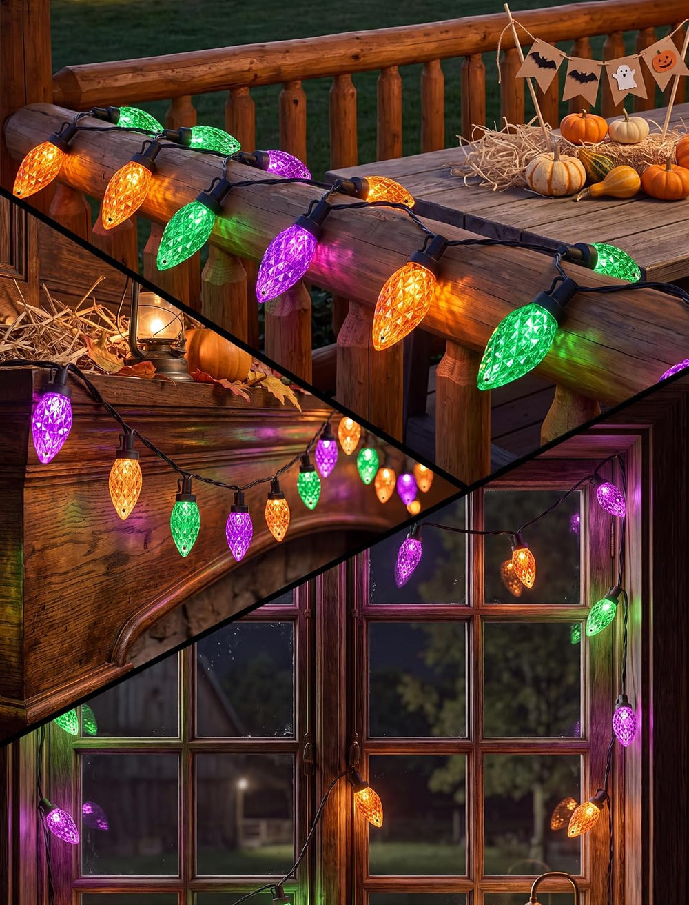 26FT C9 Halloween String Lights, 50 LED Orange Green Purple Diamond Lights