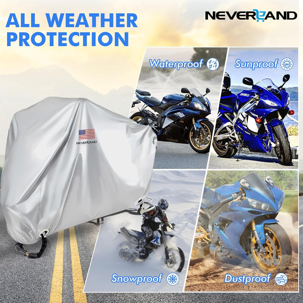 NEVERLAND Motorcycle Cover Waterproof Outdoor - Silver Heavy Duty Scooter Cover, Motorbike Cover with Refletive Logo, Lock-Hole, Bandage, Storage Bag-Protect Against Dust, Debris, Rain and Weather(L)