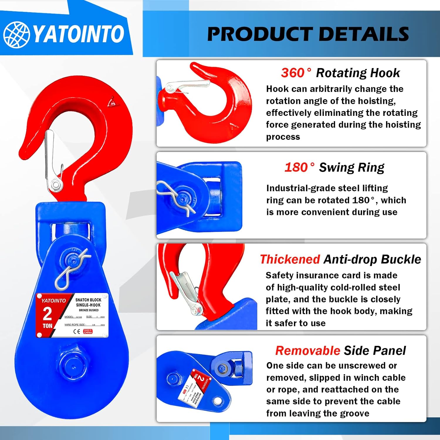 YATOINTO 2 ton Snatch Block with Hook, 3" Sheave 3/8" Inch Wire Rope Snatch Block, 4400lbs Snatch Pulley for Rollback Wrecker Car Hauler Winch