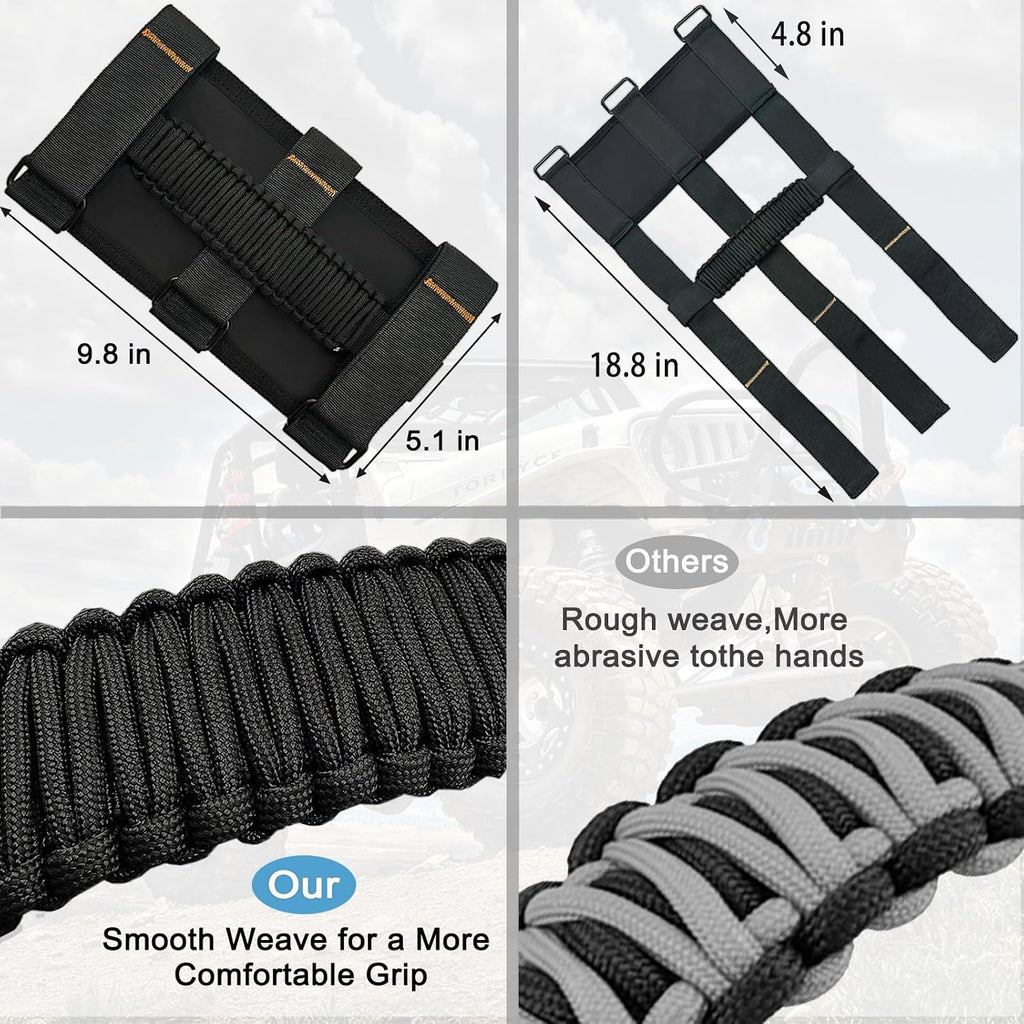 Jeep Roll Bar Grab Handles, 4 Pack Paracord Jeep Handles Grab for Wrangler JK YJ TJ JL & Gladiator JT 1955-2023 Modles, Wrangler Hardware Handles (Black)