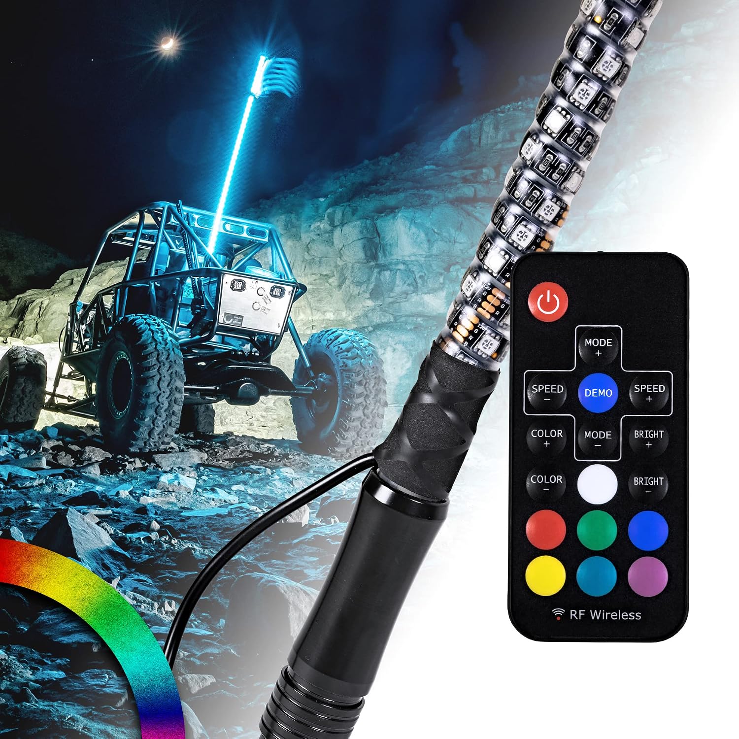 True Mods 4ft Spiral RGB LED Whip Light for UTV ATV [RF Wireless Remote] USA Flag Waterproof LED Lighted Whip CB Antenna Pole Stick for RZR Can-Am Polaris SxS 4x4 Quad Dune Buggy 4 Wheeler Accessories