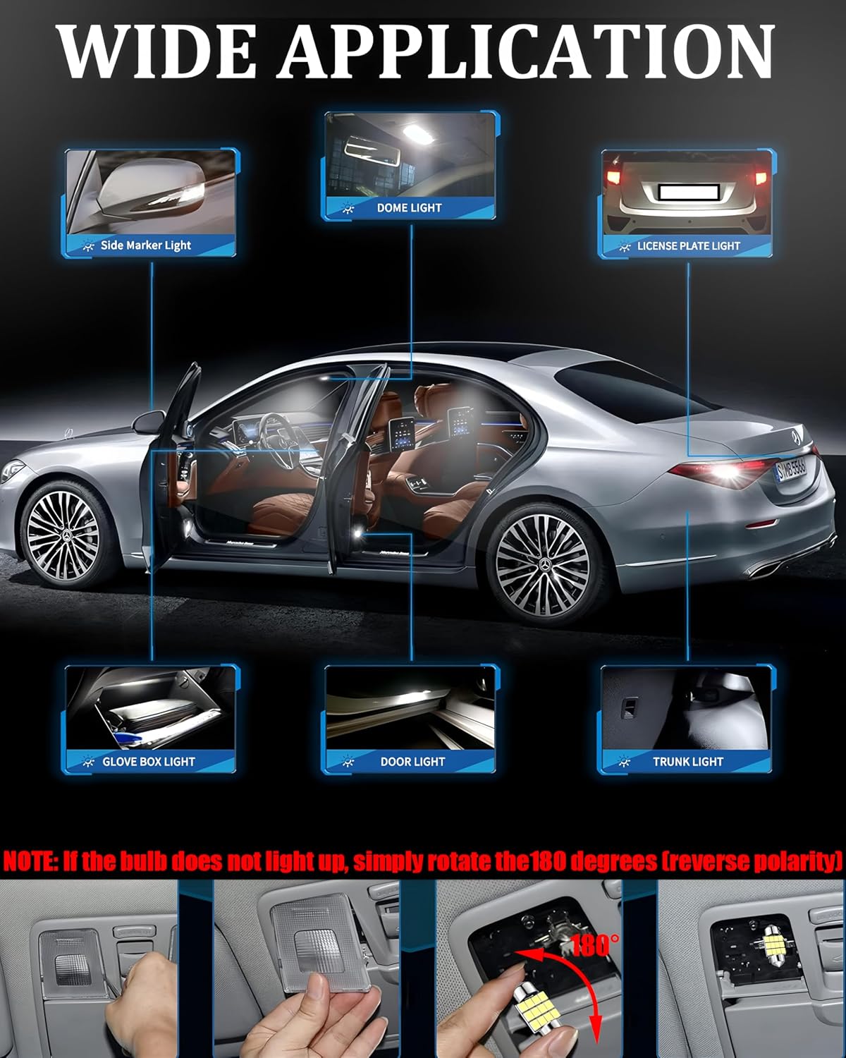 24 Pieces Car interior led lights Dome Bulb Kit Set T10 194 578 42mm DE3175 31mm Bulb Interior Replacement for Car Map License Plate Door Side Marker Trunk Light, White