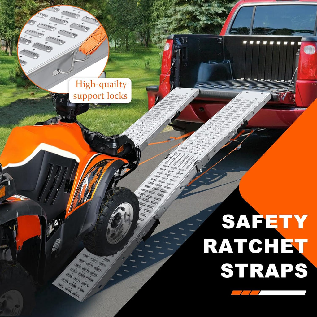 72.5" Heavy Duty Folding Loading Ramps, 1500lb Capacity, Ideal for Motorcycles, Lawn Mowers, ATVs, UTVs, and More – Pack of 2 with Safety Straps and Gloves