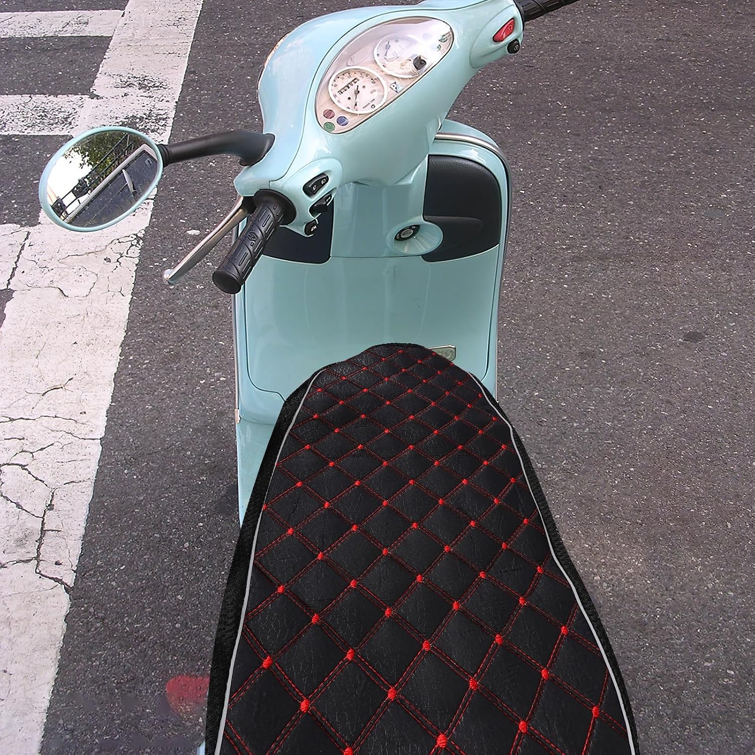 Motorcycle Seat Cover Cushion Breathable Anti-Slip Mesh Fabric Large Red Grid Pattern Sunscreen Protector for Scooter and Moped All-Season Electromobile Seat Pad