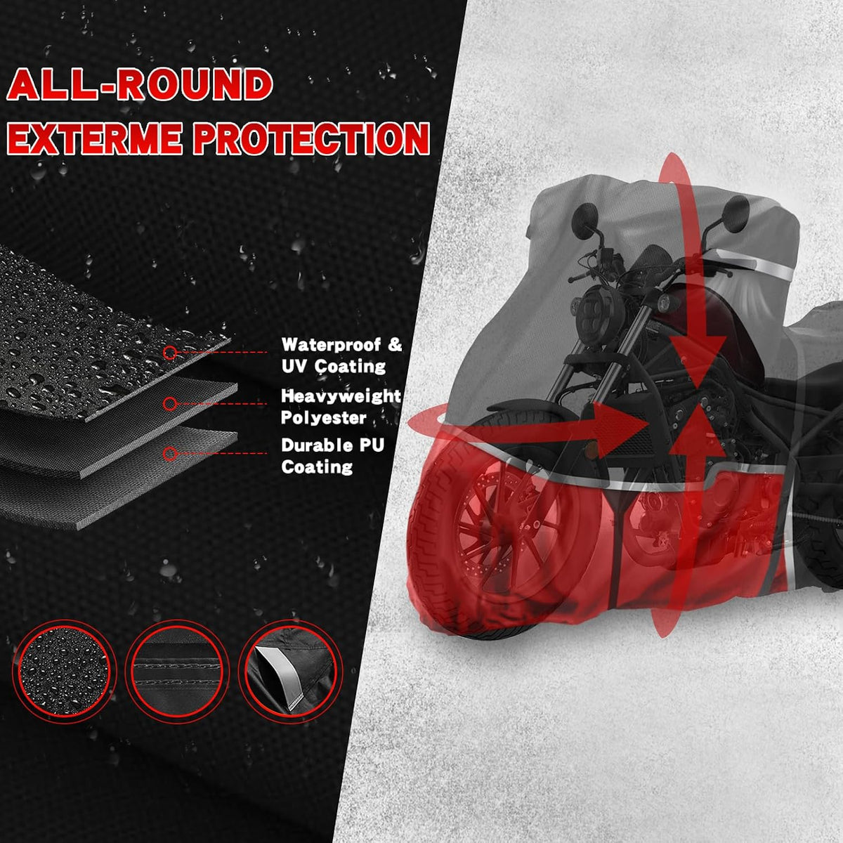 motorcycle cover fits honda rebel 300 500 1100, side view