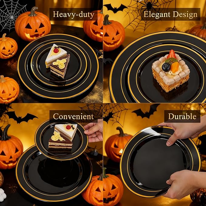 350 Pieces Black and Gold Plastic Plates with Disposable Silverware, Include ...