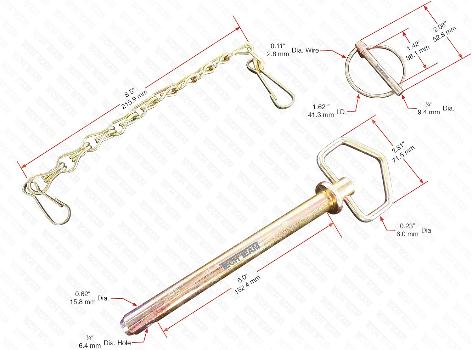 Tech Team #00852 Hitch Pin with Chain and Linchpin, 5/8” Dia x 6” Long, for Secure Mounting of Hitches and Axles, Heavy Duty Steel, Includes Hitch Pin, Chain, and Linchpin