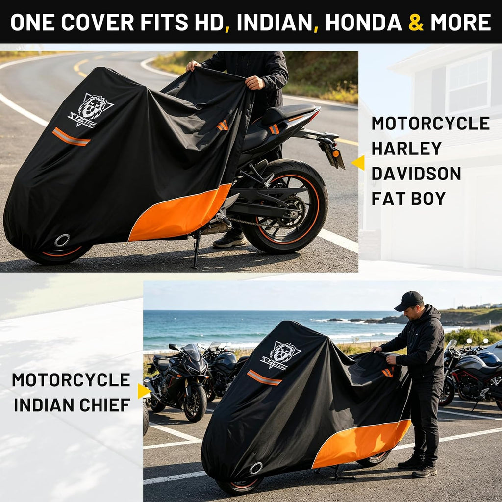 XYZCTEM Motorcycle Cover All Season Waterproof Outdoor Protection, Fit up to 116 Inch Tour Bikes, Choppers and Cruisers – Protect Against Dust, Debris, Rain and Weather (Black and Orange)