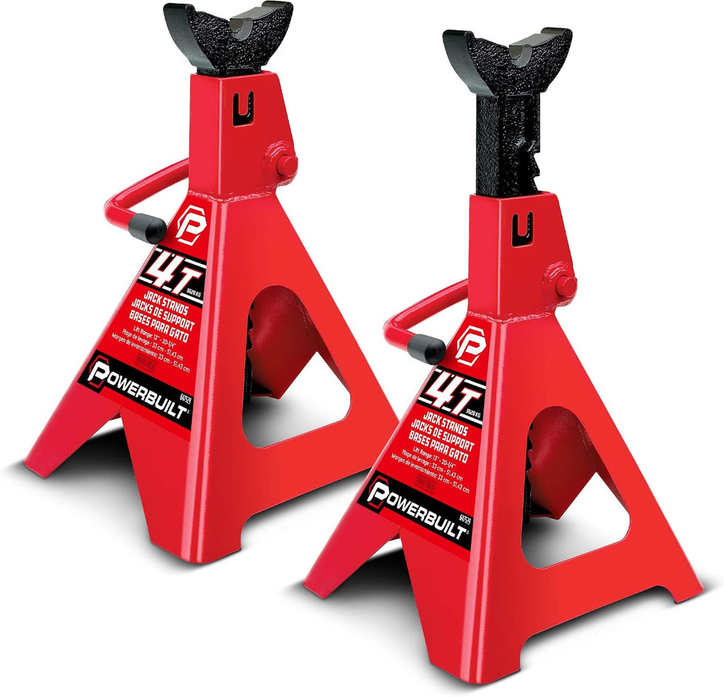 Powerbuilt 4 Ton Ratchet Jack Stands, Wide Stance Stability, Vehicle Car Lifting Range 13-Inches to 20-1/4-Inches (33cm-51cm), 1 Pair (2 Pack) - 647529