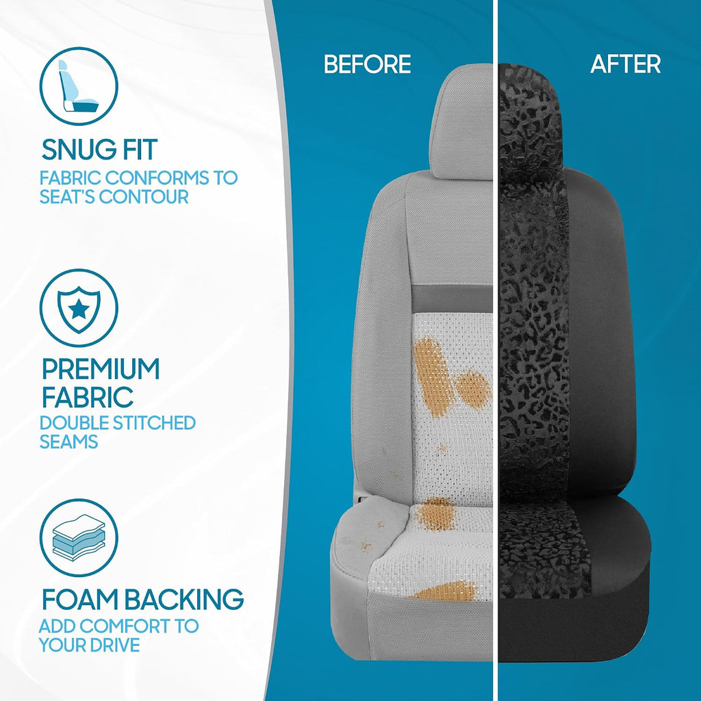 bdk black leopard car seat covers for front, front angle view