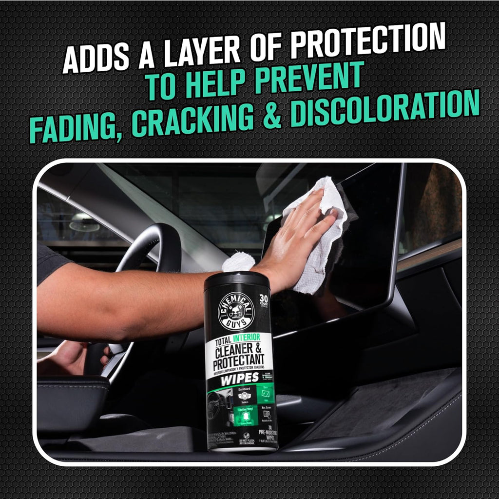 Chemical Guys Total Interior New Car Smell Cleaner & Protectant Wipes – All-in-One Interior Cleaning Wipes for Dashboards, Vinyl, Leather, Fabric & Glass – Cleans & Protects, New Car Scent, 30 Ct
