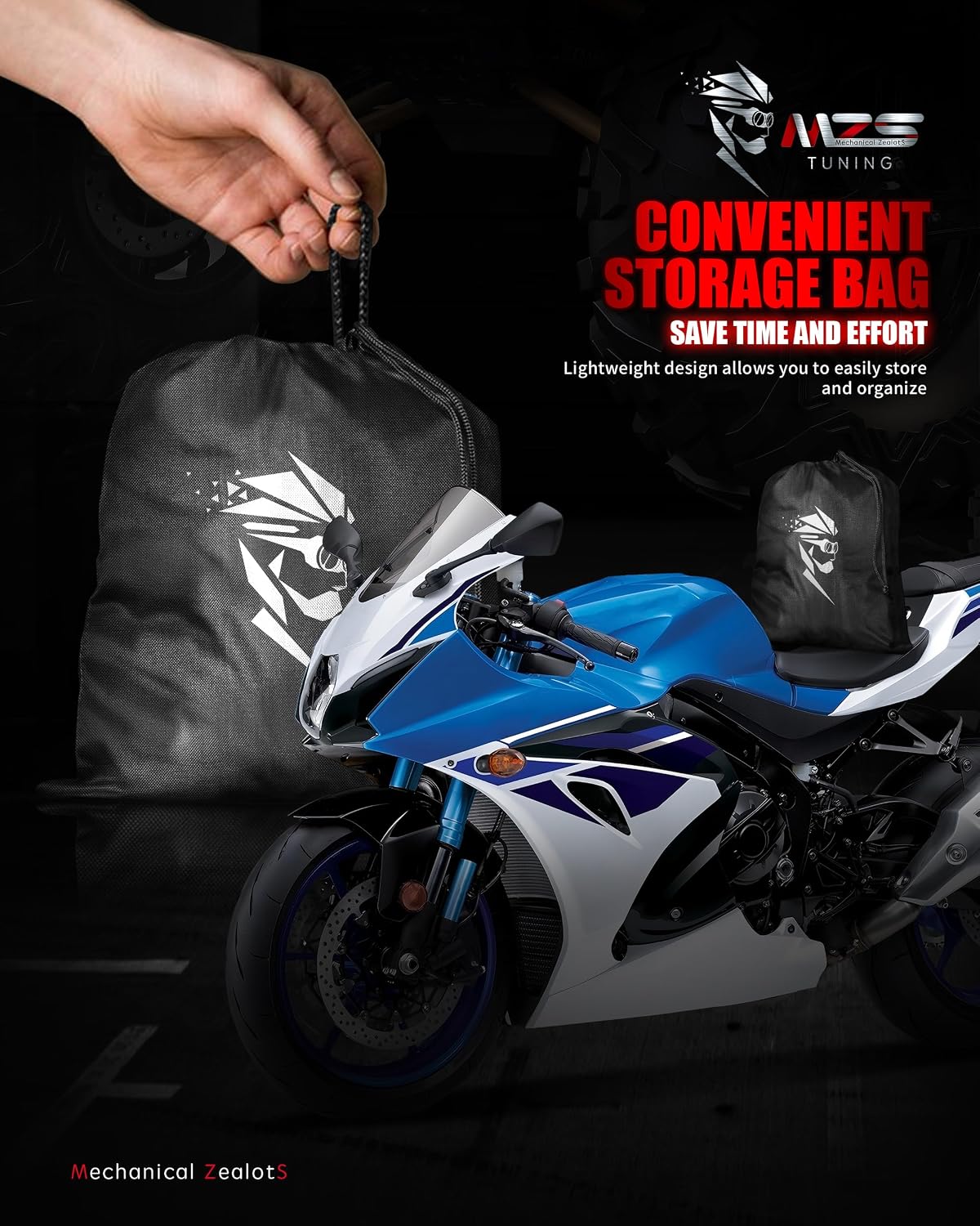 MZS Motorcycle Cover Waterproof Outdoor, Heavy Duty All Season Weather Sun Protection with Storage Bag Vents Night Reflective Cotton Lining Lock Holes fits up to 86" Motorbikes Vehicle Covers