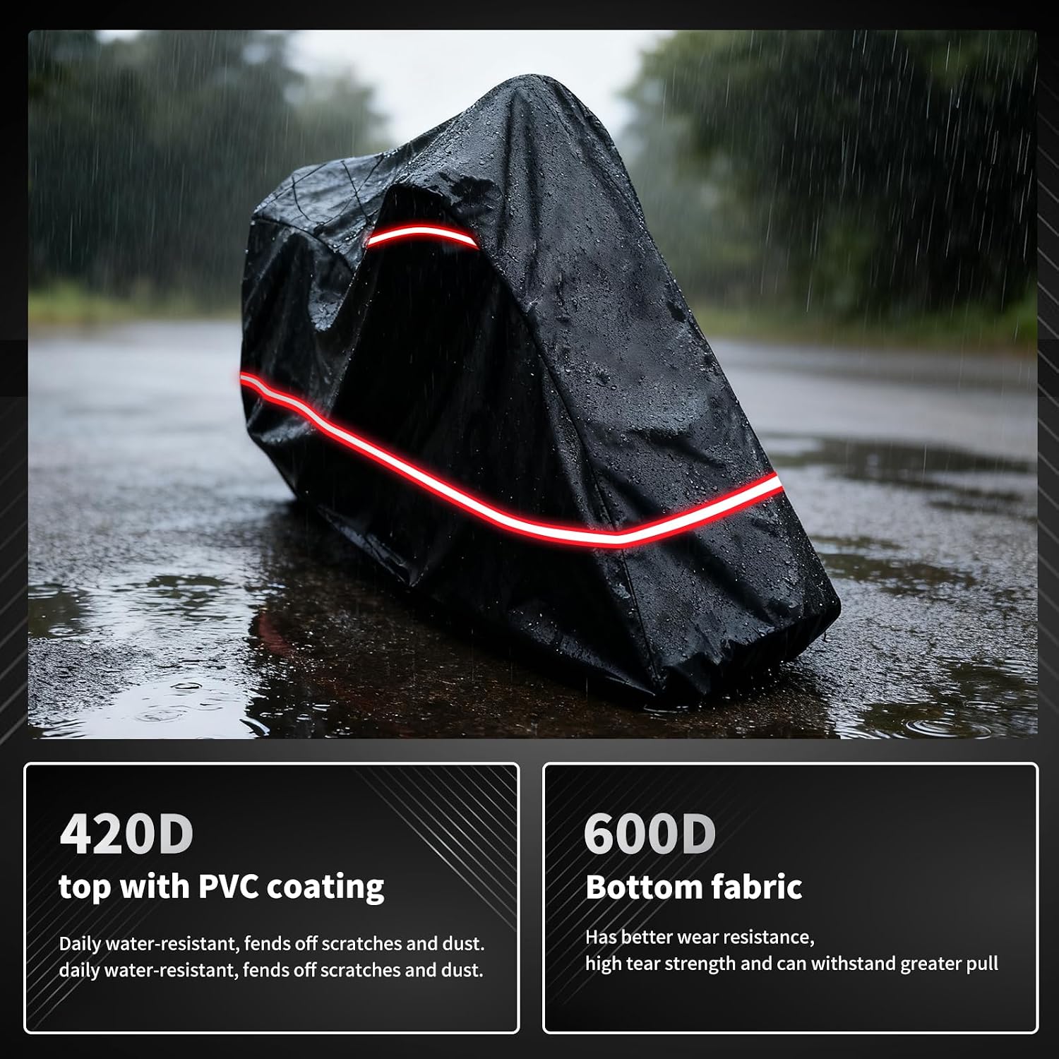 Full Enclosed Motorcycle Cover - Waterproof for Outdoor & Indoor Storage,600D Heavy Duty with Reflective Strips,Fits Scooters & Touring Motorcycles up to Length 108" x 45" x 59" Black