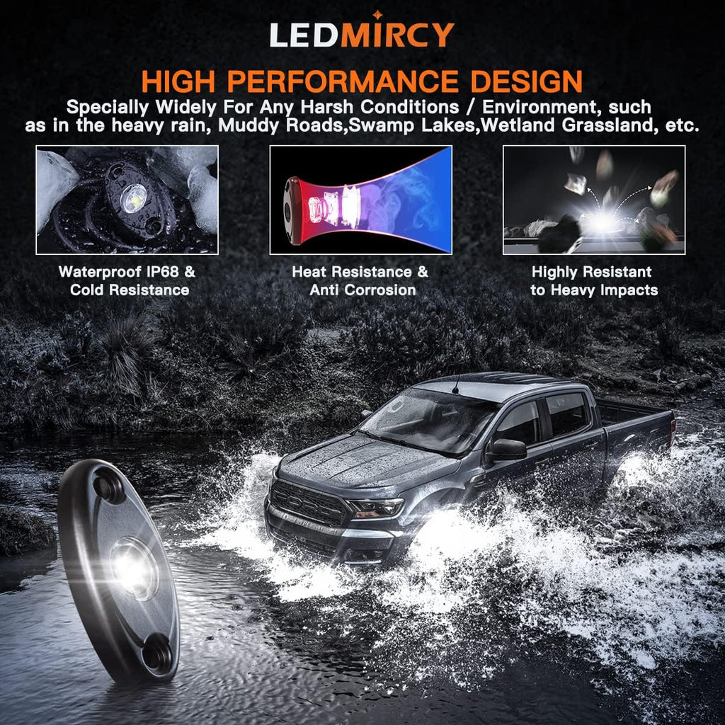 LEDMIRCY Pure White Rock Lights 6PCS R1 Super Bright LED Rock Lights White for Off Road Trucks ATV UTV SUV Underglow Neon Light Underbody Trail TRAI Rig Light High Power Waterproof Shockproof