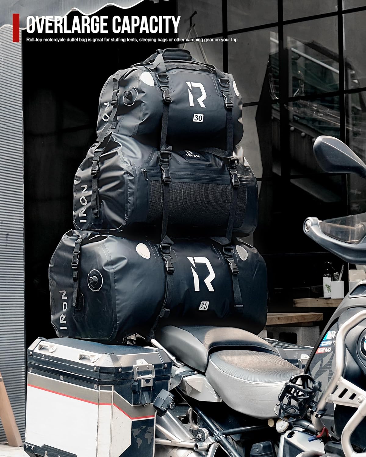 IRON JIA'S Motorcycle Dry Bag - Waterproof Duffle & Luggage Tail Bag Saddle Bags with Roll Top Closure, Shoulder Straps, Inner Pocket and Mesh Pocket (Black, 30L)