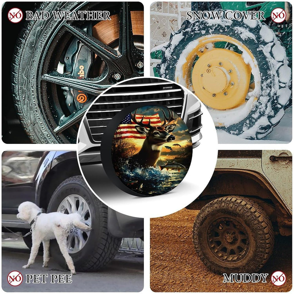 Deer American Flag Fishing Wildlife Oxford Spare Tire Cover for Jeep Trailer RV SUV Truck Wheel,Fit Overall Wheel Diameter 28inch