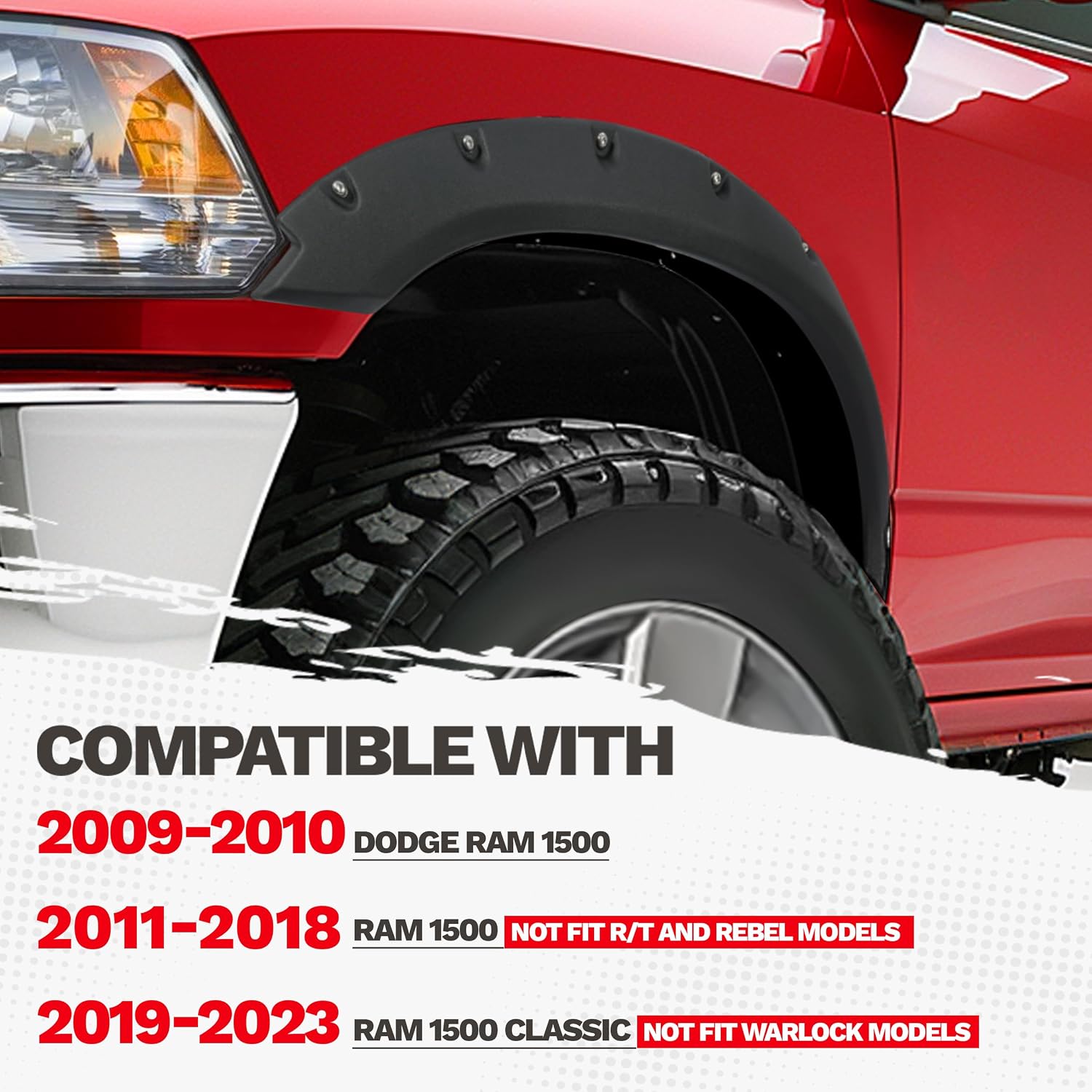 ECOTRIC Fender Flares Compatible with 2009-2010 Dodge Ram 1500/2011-2018 Ram 1500/2019-2023 Ram 1500 Classic Fleetside, Truck Wheel Flares Wheel Cover Textured Black Rivet Style 4Pcs