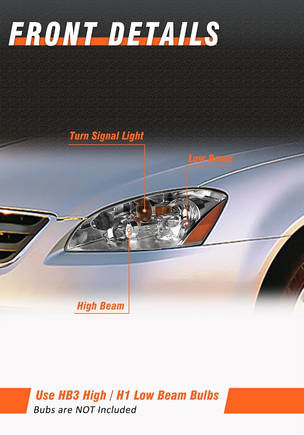 Headlights Assembly for 2002 2003 2004 Nissan Altima Chrome Housing Amber Reflector Clear Lens Headlamp Left and Right Side