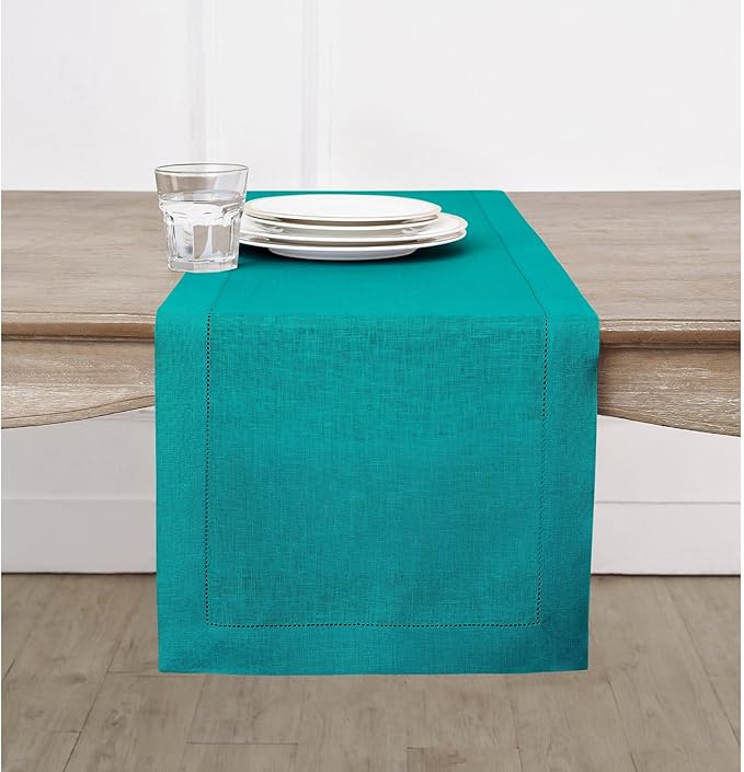 Solino Home Linen Teal Table Runner 72 Inches Long - 100% Pure Linen Hemstitch Table Runner 14 x 72 Inch for Dresser, Dining, Fall, Autumn, Halloween, Thanksgiving, Christmas - Classic Hemstitch