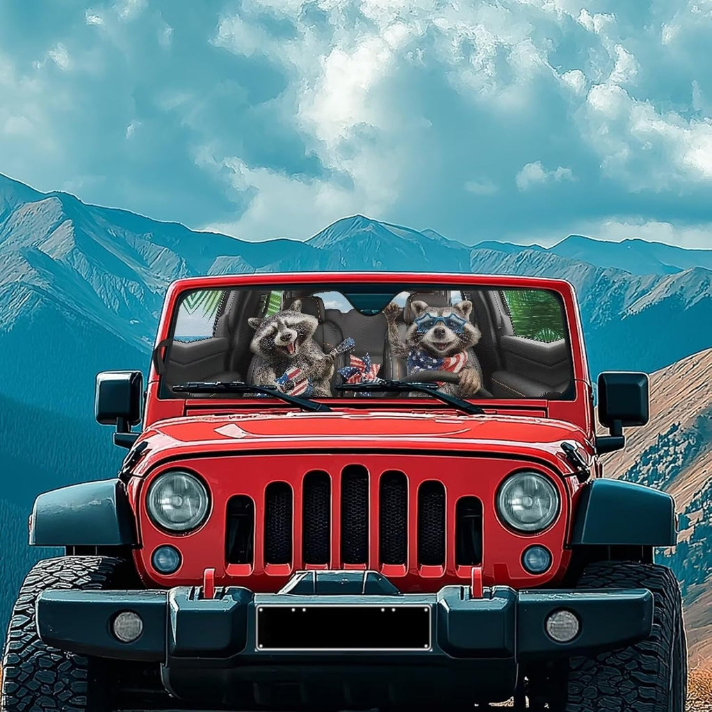 Tuoxiukan Raccoon Car Windshield Sun Shade for 2007-2023 Wrangler Rubicon Sahara TJ JK JKU 2 & 4 Door Funny Sun Shade Car Window 52x16 UV Blocking Automotive Interior Accessories